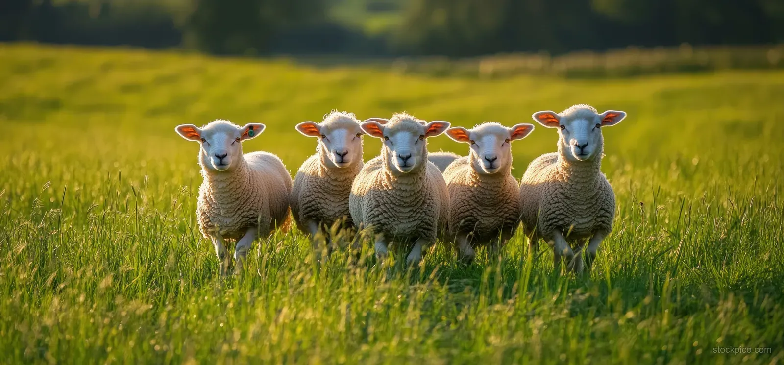 Five baby lambs huddle in a green spring meadow as soft sunlight falls across their wool.