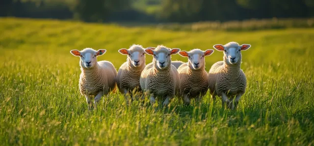 Five baby lambs huddle in a green spring meadow as soft sunlight falls across their wool.