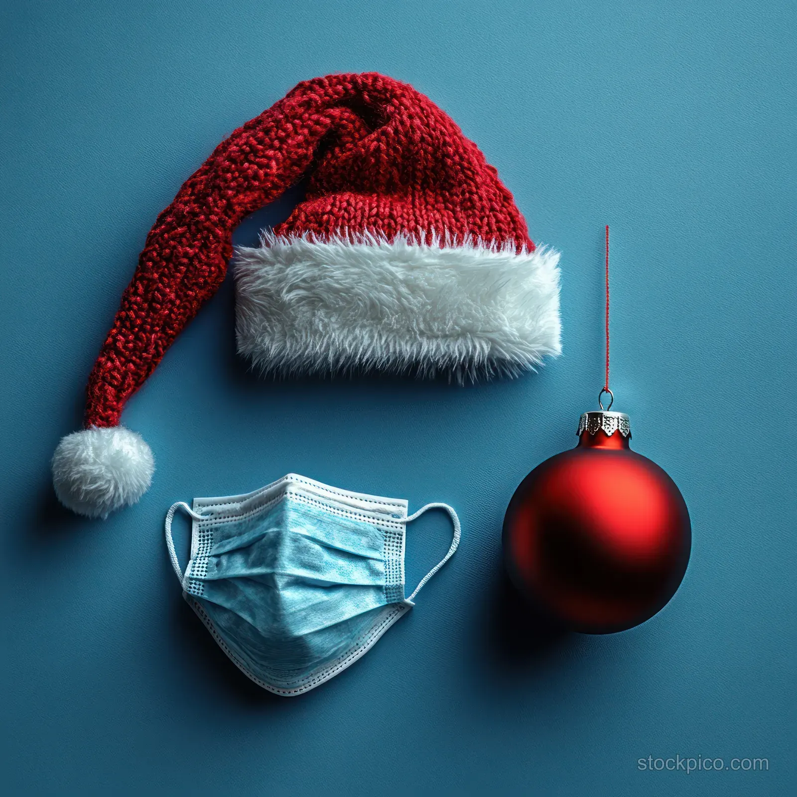 Santa hat, medical face mask, and red Christmas ornament laid out on a blue background.
