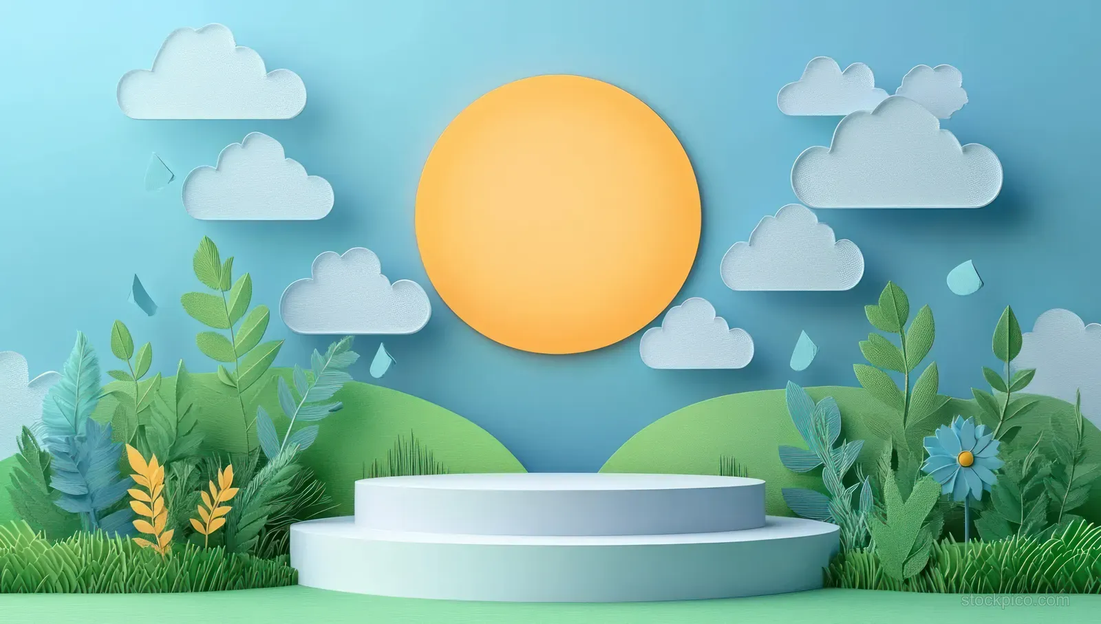 A three-tier white podium is surrounded by vibrant plants and flowers under a sunny sky with clouds and gentle rain.