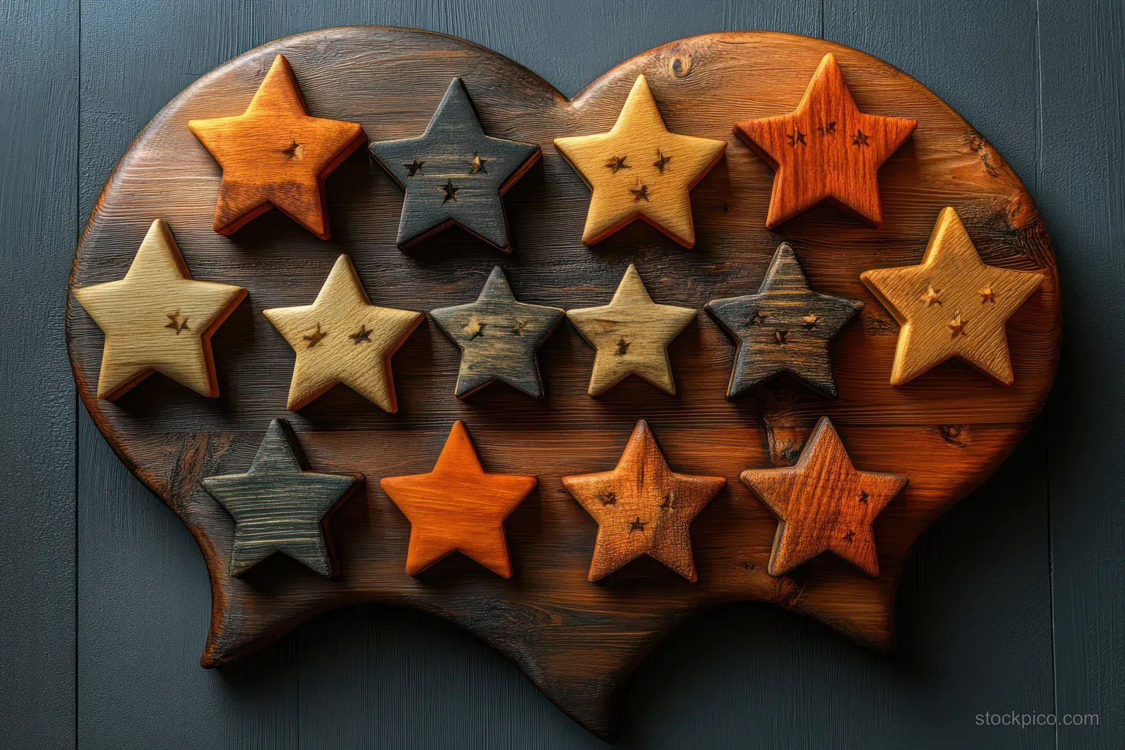 A speech bubble filled with five wooden stars symbolizes customer satisfaction and positive business feedback.