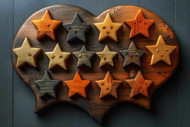 A speech bubble filled with five wooden stars symbolizes customer satisfaction and positive business feedback.