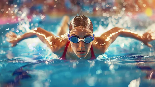 Olympic women’s 200m butterfly race, swimmer dives forward amid splashing water in pool lane