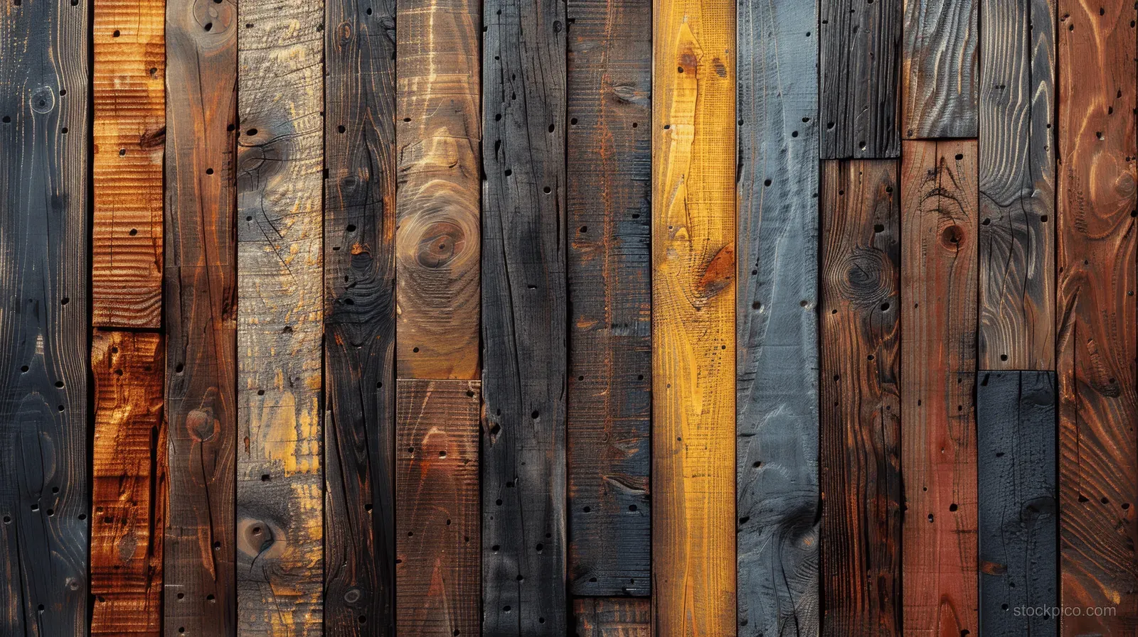 Vertical wooden wall planks in mixed colors with knots and textured wood grain close-up.