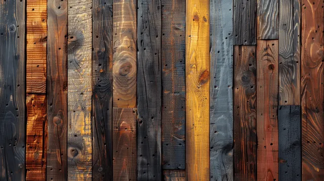 Vertical wooden wall planks in mixed colors with knots and textured wood grain close-up.