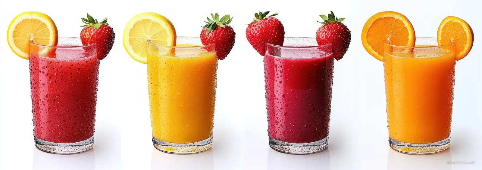 Four glasses of colorful fruit juices with condensation, garnished with citrus slices and whole strawberries on a white background.