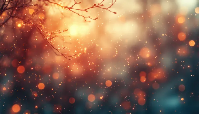 Warm golden bokeh with drifting dust over dark abstract background
