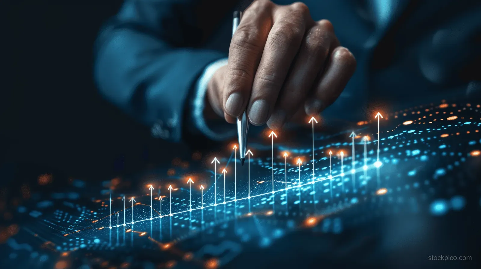 A person’s hand points at glowing rising holographic financial charts on a global market dashboard.