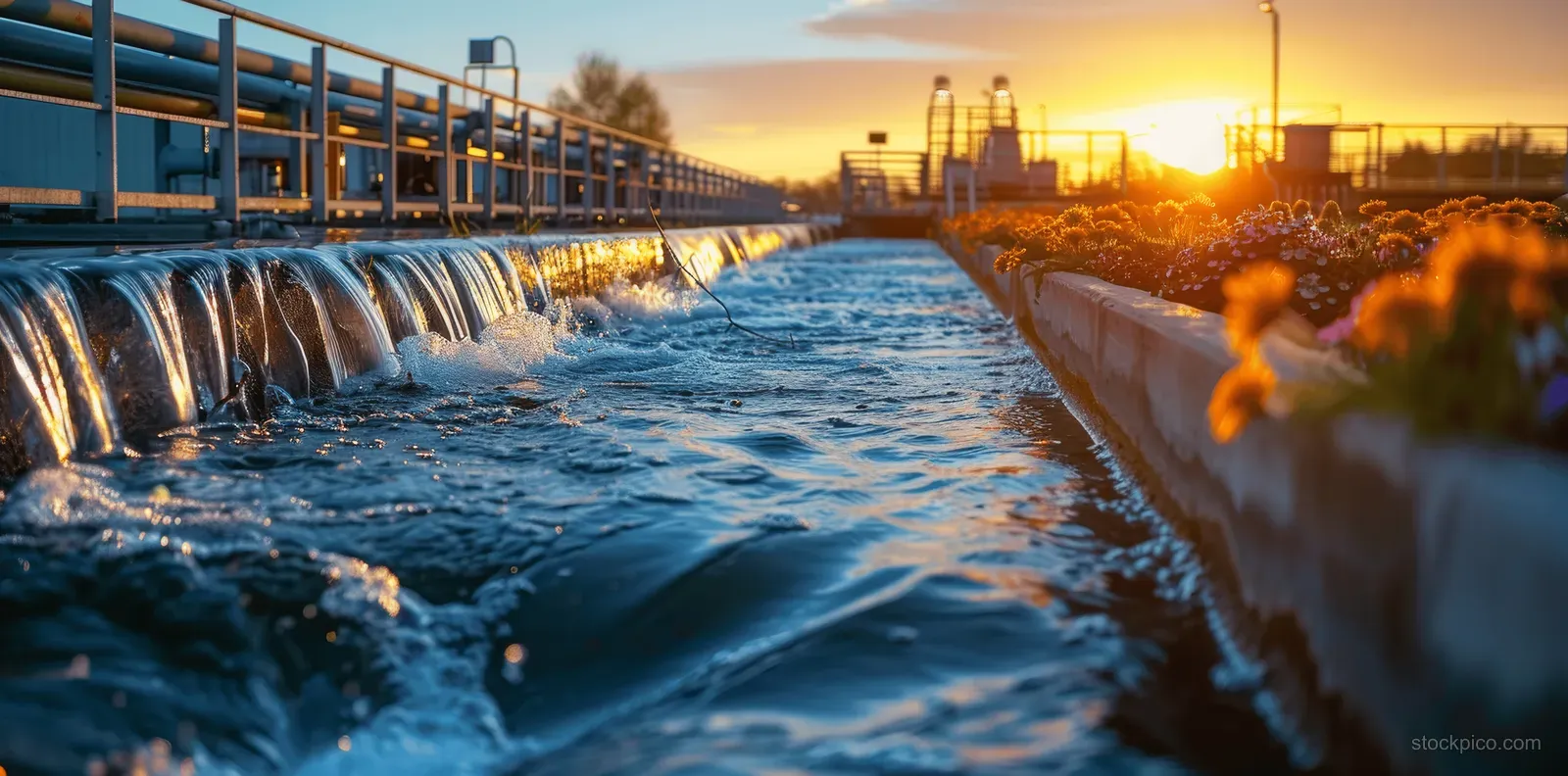 Sunset-lit wastewater treatment plant channels with flowing water, steel pipes, and distant equipment across an urban skyline.