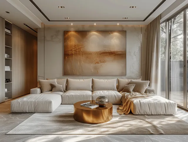 Beige sectional sofa and golden coffee table beneath abstract art in a light gray living room