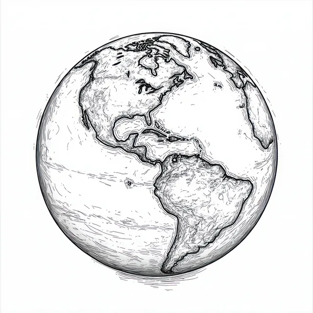Monochrome line-art Earth globe with outlined continents and lightly shaded oceans on a white background.