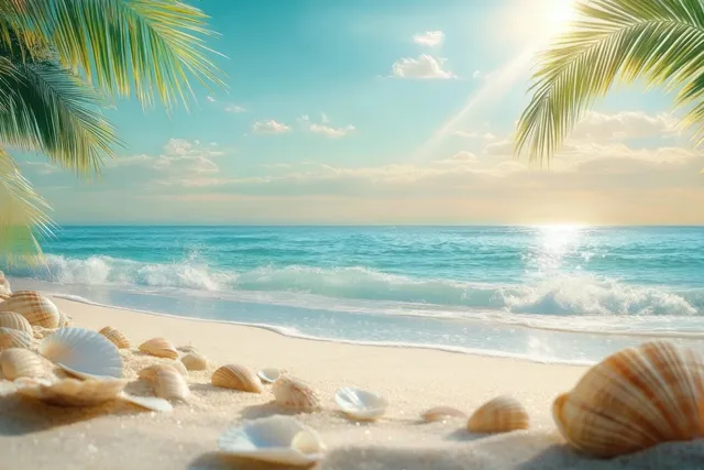 Seashells rest on white sand as turquoise waves approach beneath palm leaves and a bright sky.