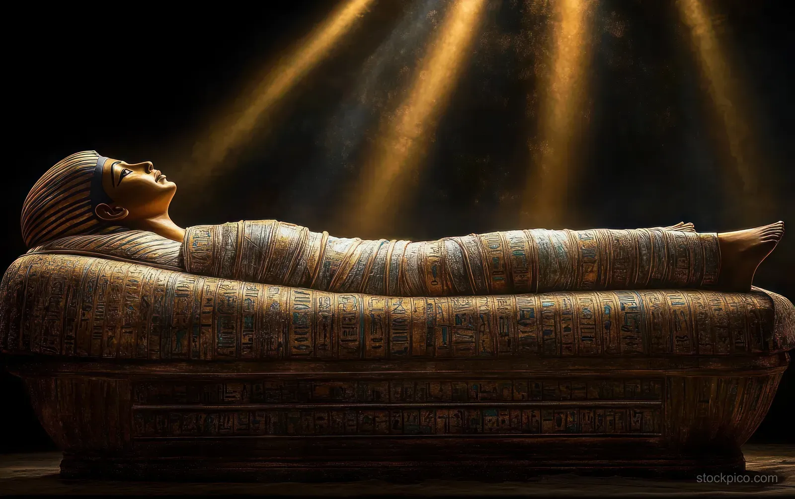 An ancient Egyptian sarcophagus with carved hieroglyphs is illuminated by golden light beams in a dark room.