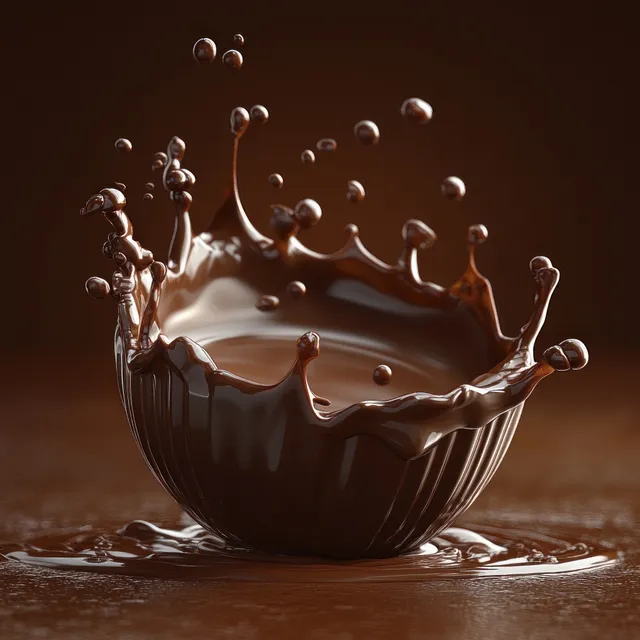 A crown-shaped chocolate splash with droplets suspended above a glossy melted chocolate surface.