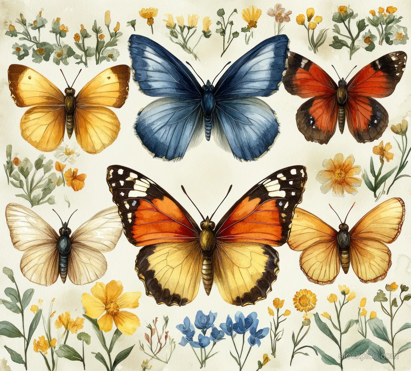 Watercolor illustration of colorful butterflies and small bees above wildflowers on a cream background.