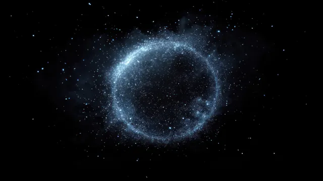 Blue stardust ring formed by glowing particles swirls against a dark space background.