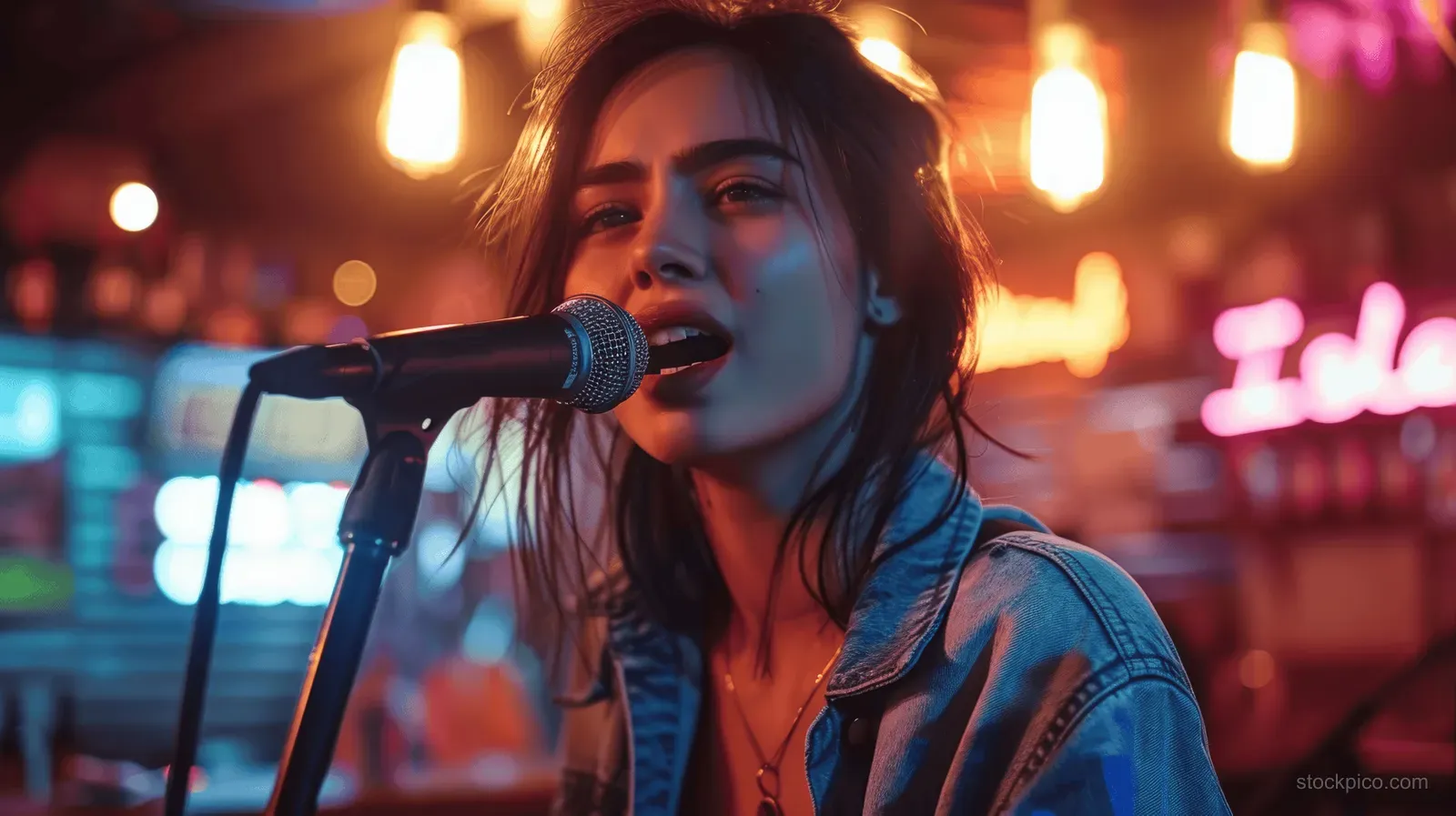 Young woman sings into a microphone on a nightclub stage with warm colored lights in the background.