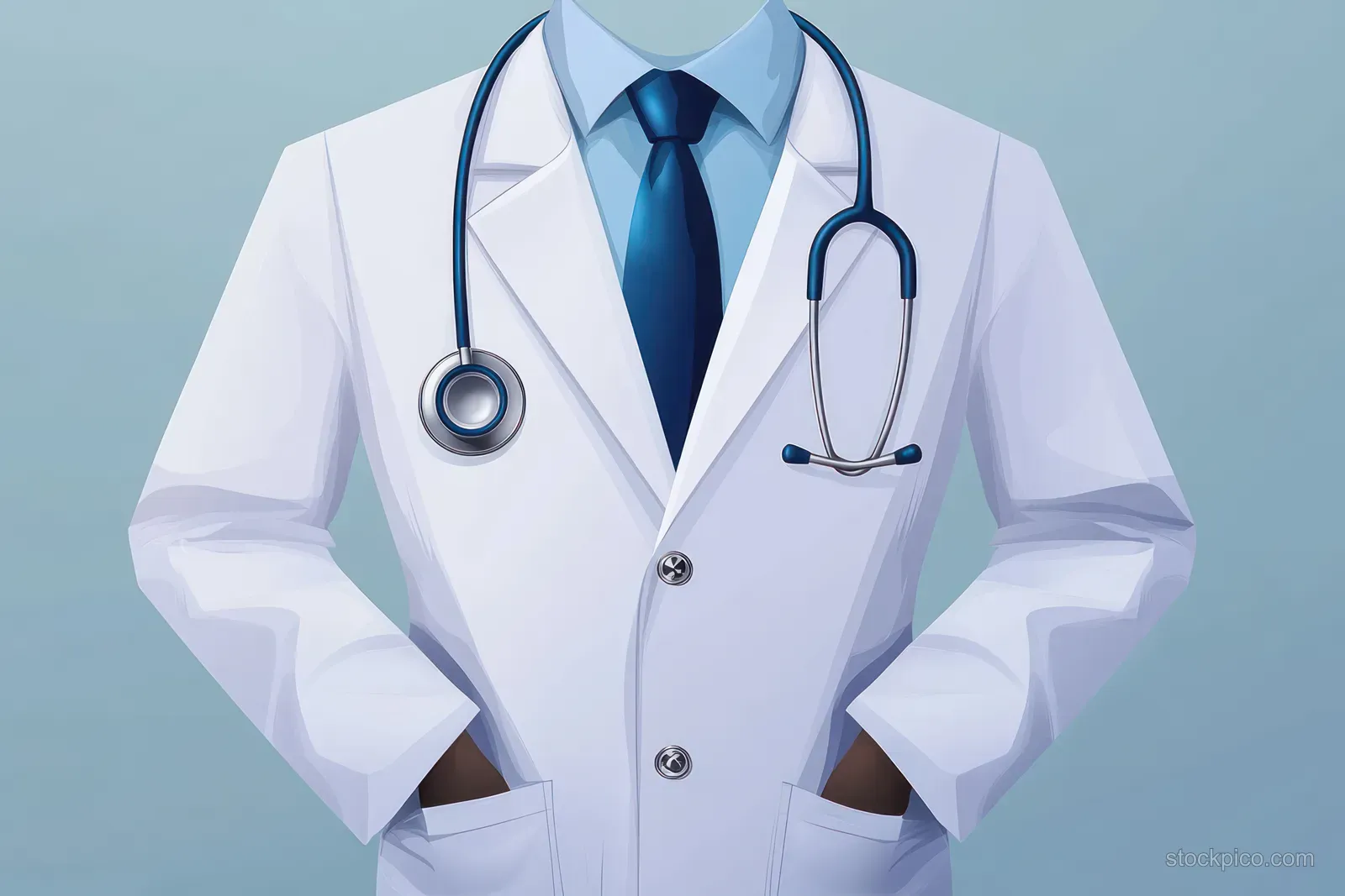 A doctor in a white coat with a blue tie wears a stethoscope against a soft blue background.