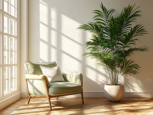 Minimalist living room corner with green armchair, potted palm, and sunlit wooden floor