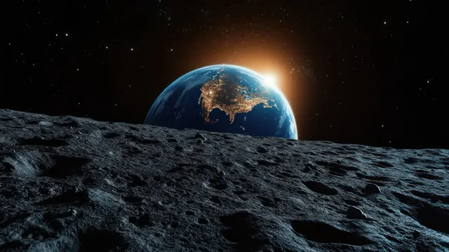 Earth with illuminated city lights rises above a cratered lunar surface while stars fill the dark sky.