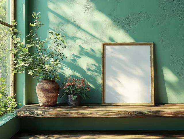 Blank picture frame on a wooden shelf against a soft green wall with sunlit plant shadows.