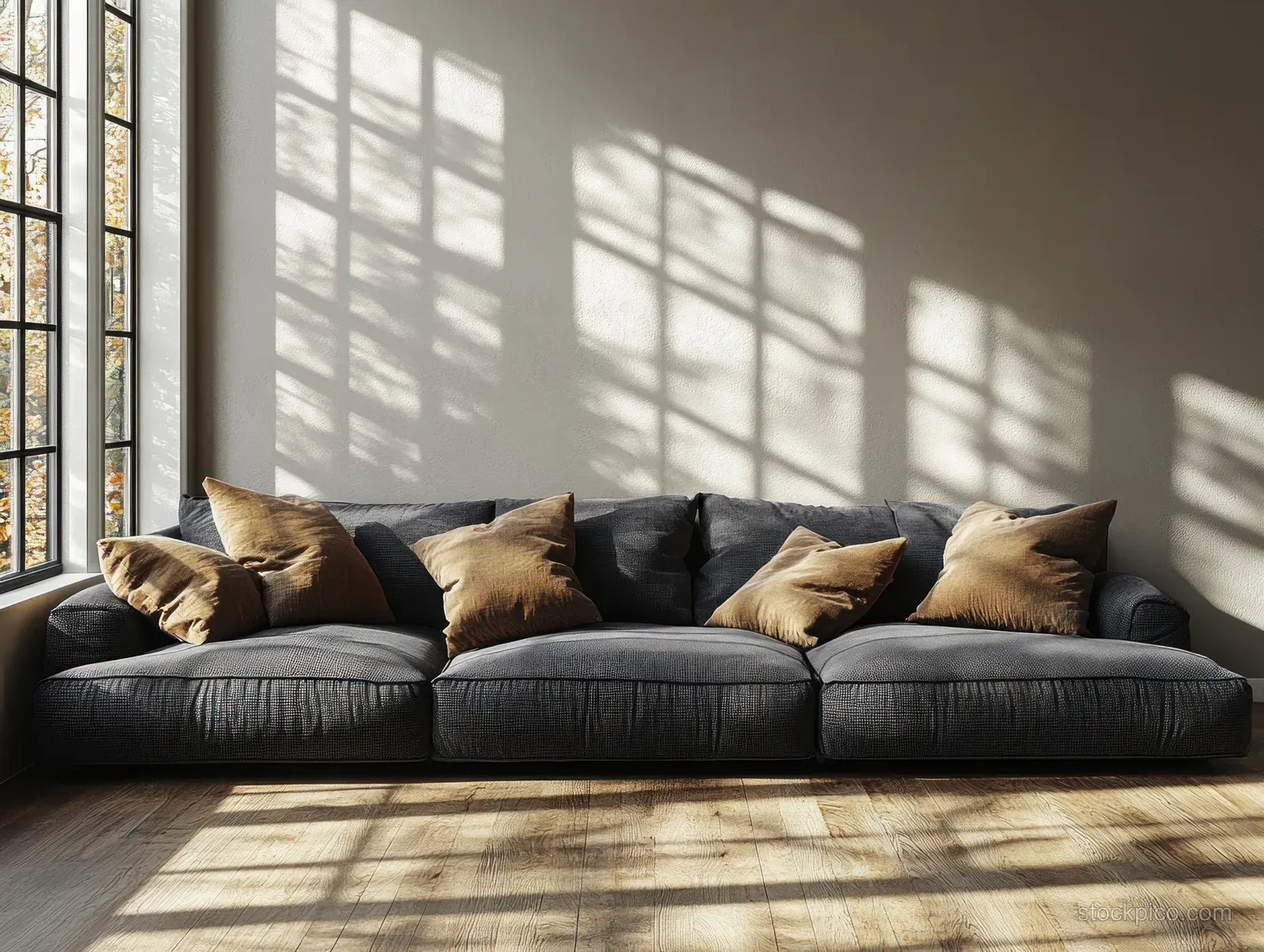 Dark gray sofa with textured pillows sits under large sunlit window shadows on a warm wooden floor.
