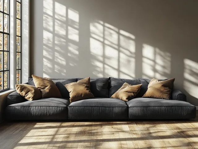 Dark gray sofa with textured pillows sits under large sunlit window shadows on a warm wooden floor.