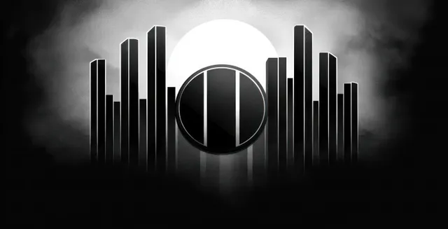 Monochrome city skyline silhouette with vertical bars and a bright full moon glowing through misty clouds.