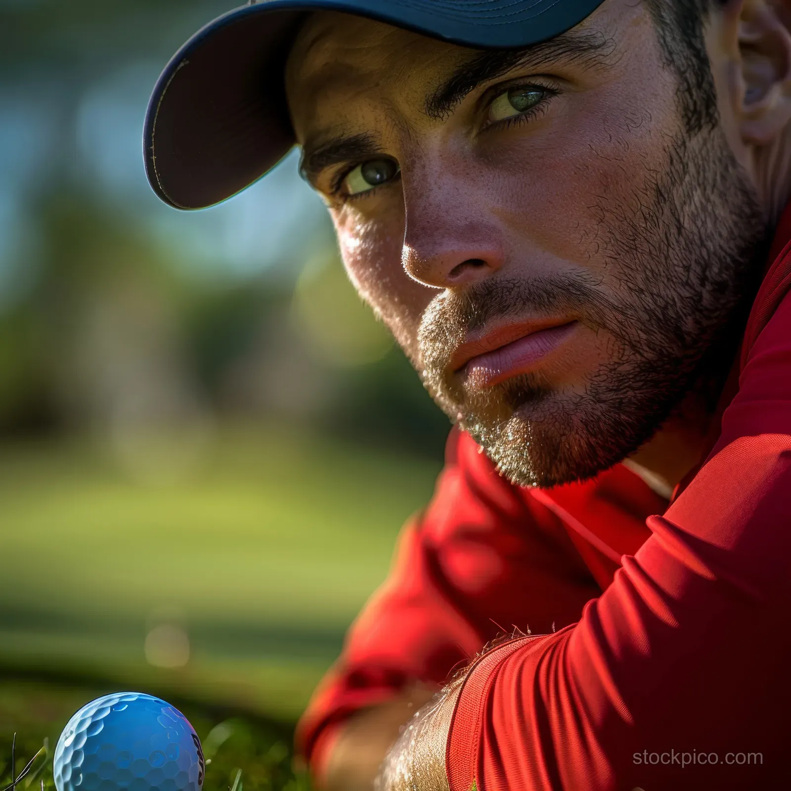 South African golfer in red shirt focuses on a blue golf ball beside his club with a blurred course behind.