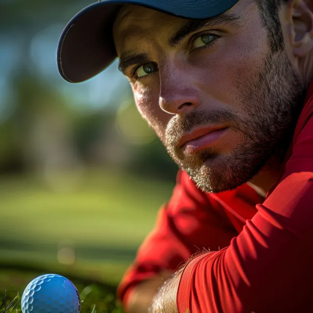 South African golfer crouches in focus, gripping club while blue ball sits foreground