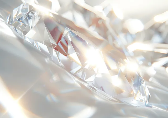 Shimmering diamond facets catch light rays on a soft white crystal background with gentle shadows