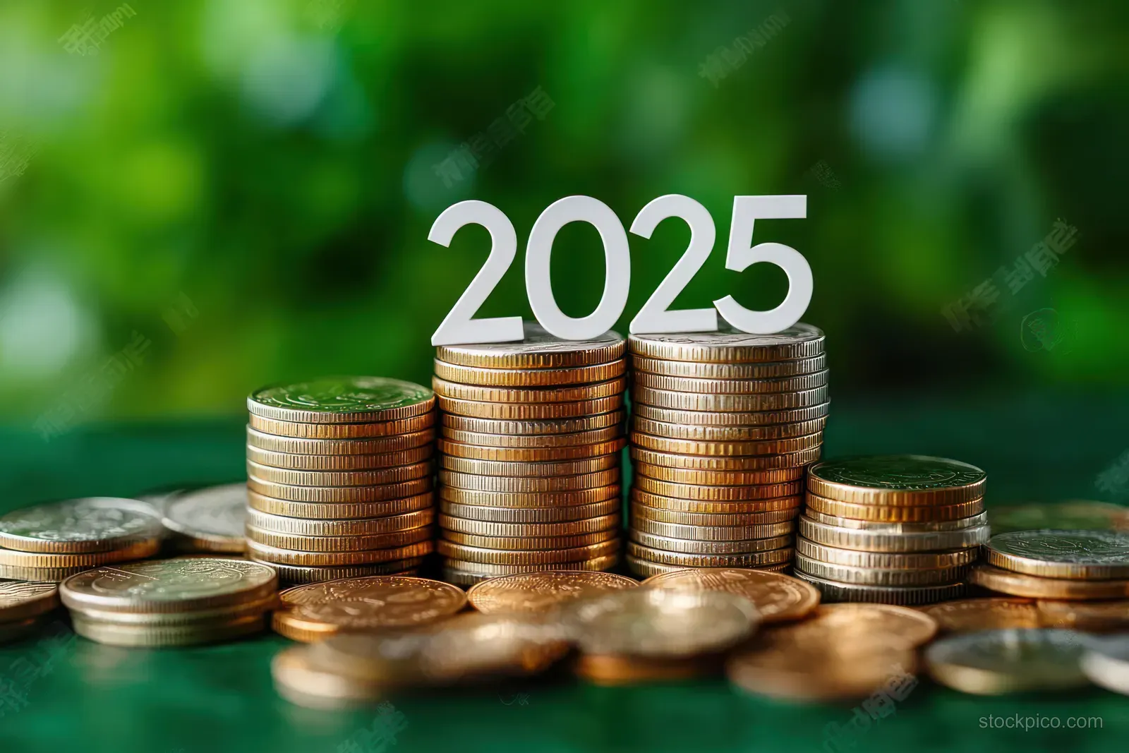 Gold coins stacked under bold β2025β typography on a green blurred background suggesting financial growth.
