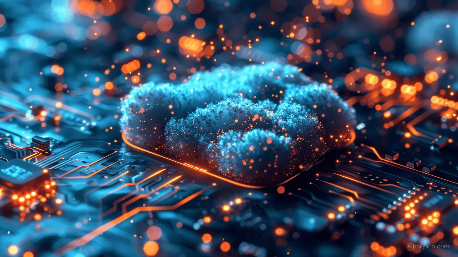 Futuristic microchip on a circuit board with blue and orange glowing data traces around it.