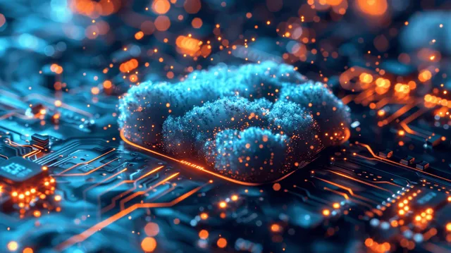 Futuristic microchip on circuit board glowing with blue and orange data signals with Ai And Computing Concepts
