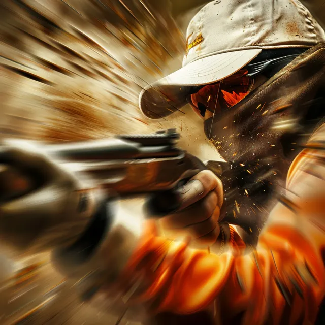 Australian trap shooter aiming a shotgun amid fast flying targets at outdoor range