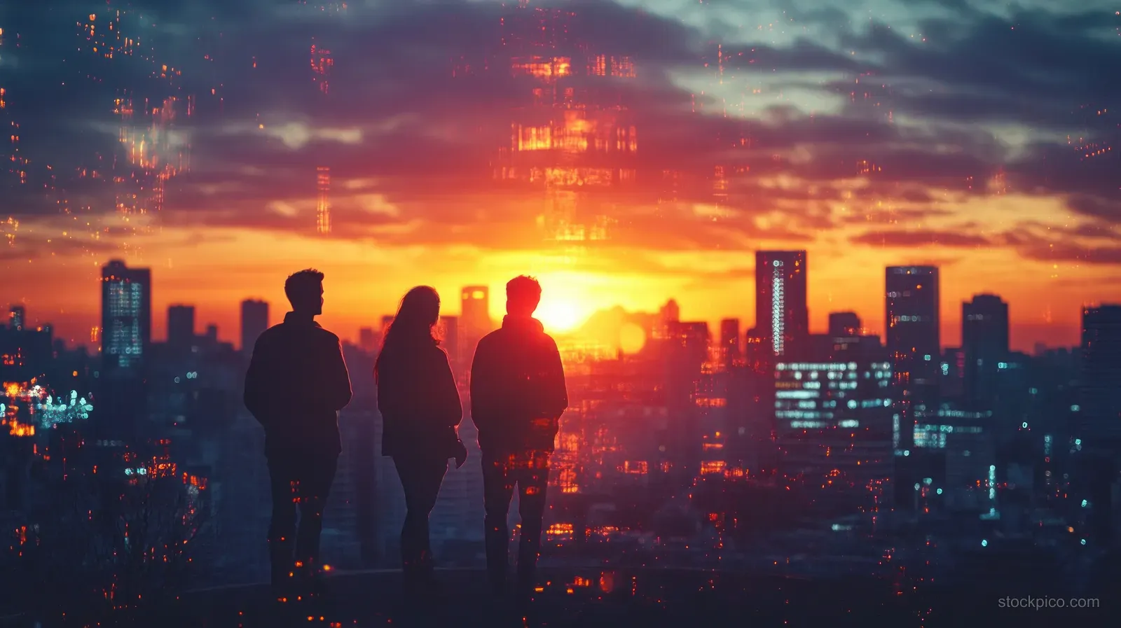 Silhouetted business people stand by an office window, looking over a glowing city skyline at sunset.