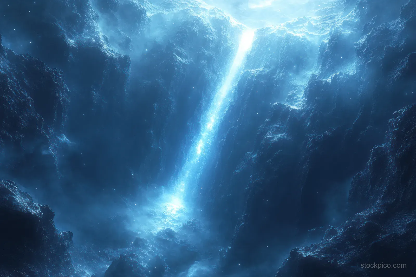Neon blue rocket contrail streaks through a dark void with swirling cosmic clouds and ethereal glow.