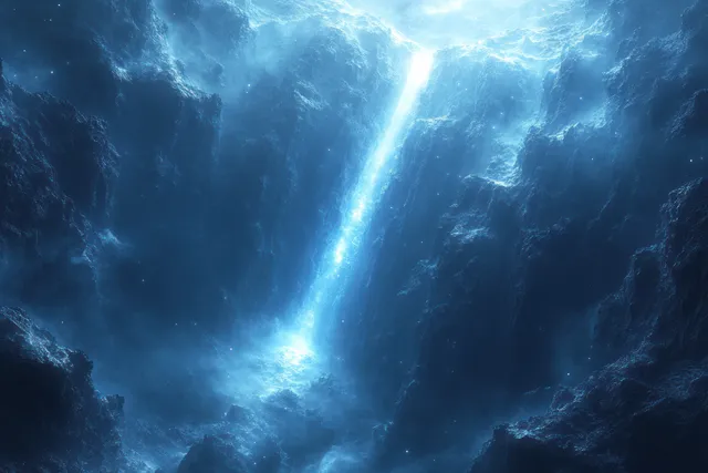 Neon blue rocket contrail streaks through a dark void with swirling cosmic clouds and ethereal glow.