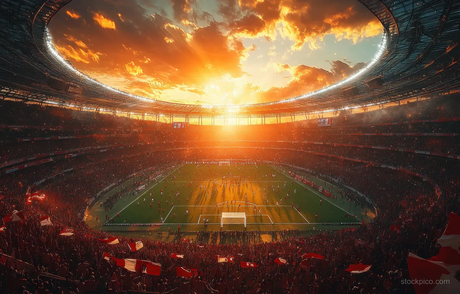Poland football supporters cheer in a stadium with waving flags and a fiery sunset over the field.