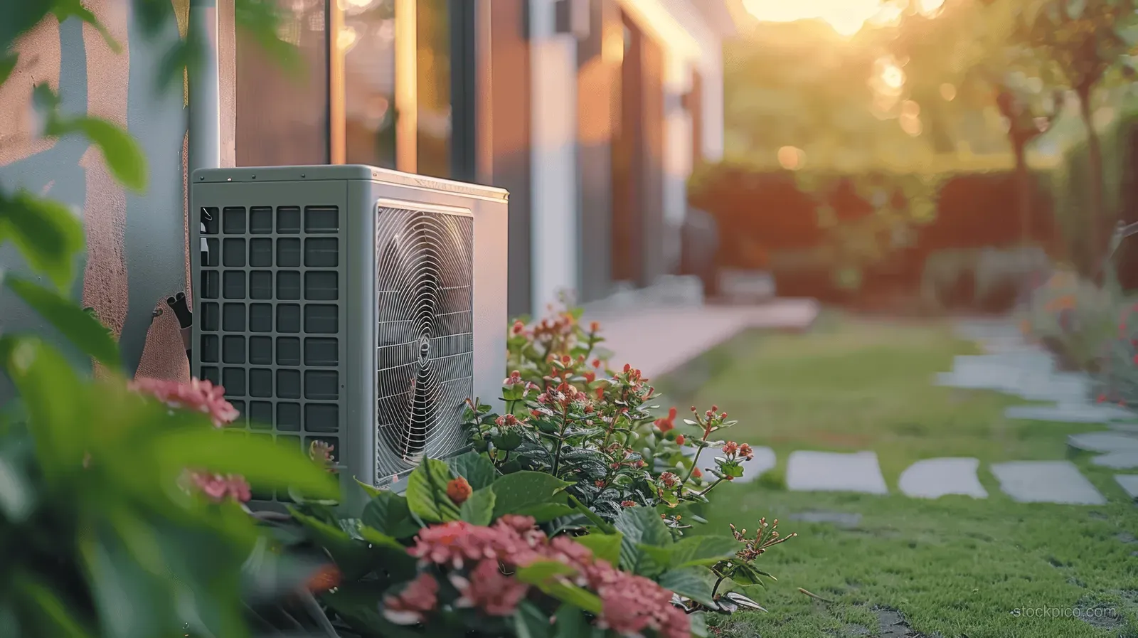 Outdoor heat pump air conditioning unit with vented fins and fan grille beside garden greenery.