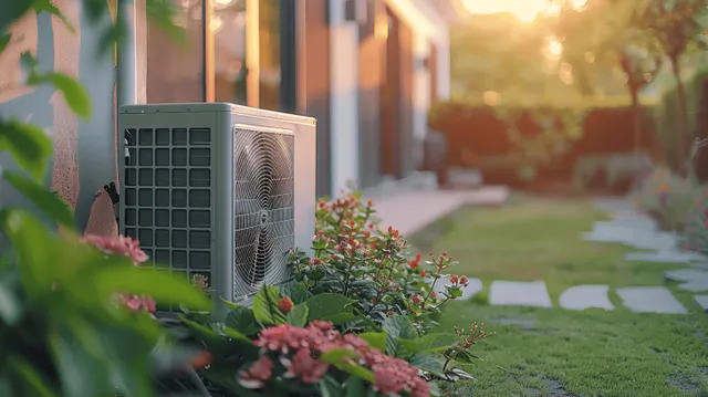 Outdoor heat pump air conditioning unit with vented fins and fan grille beside garden greenery.
