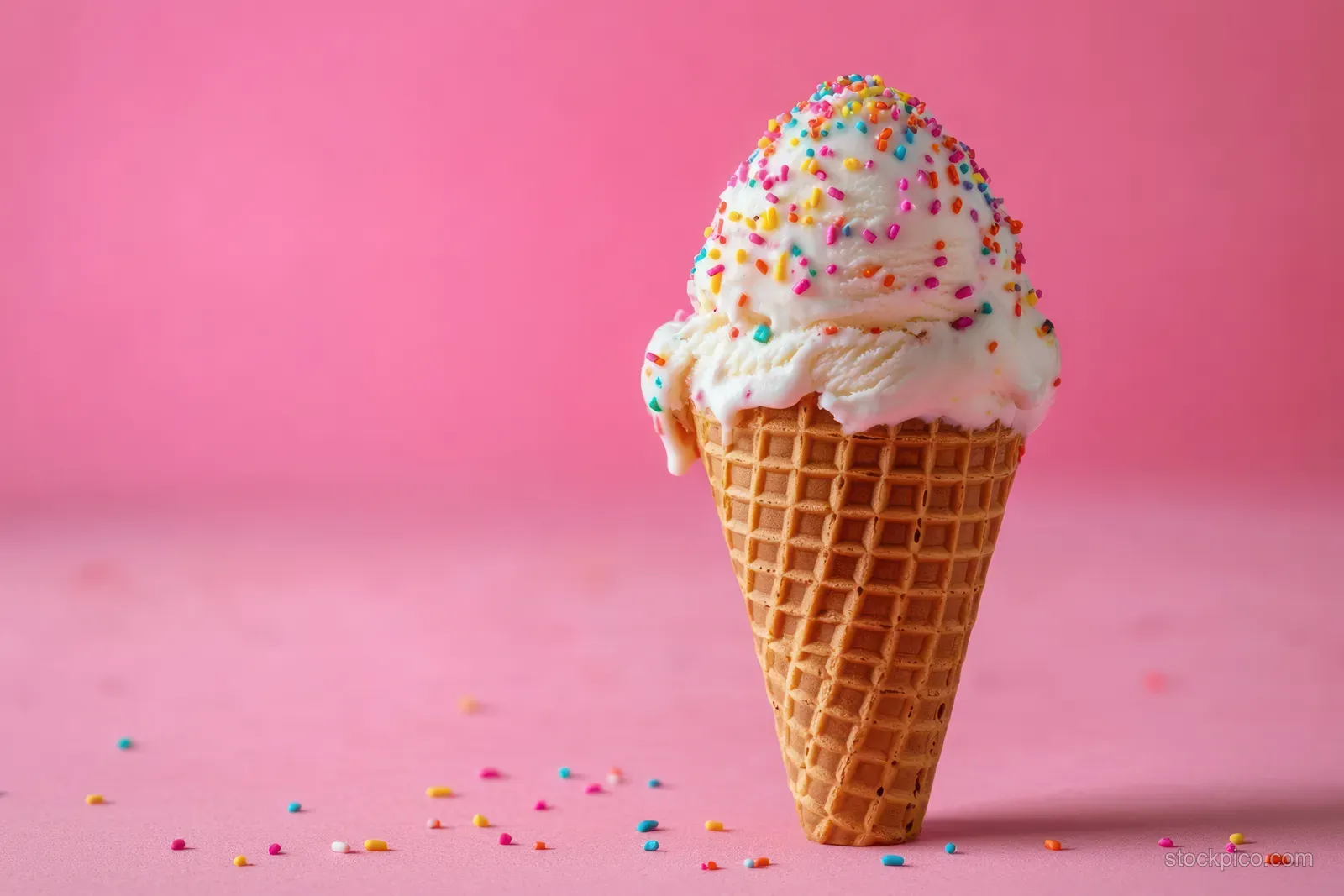 Single vanilla ice cream scoop on a waffle cone with colorful sprinkles against a pink background.
