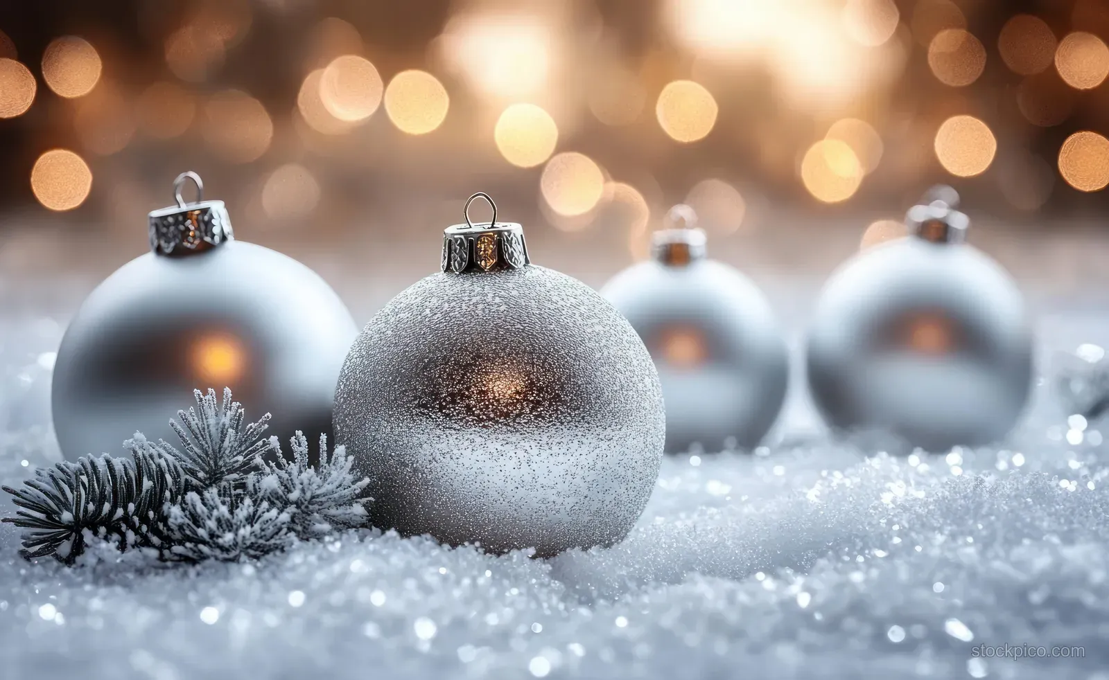 Silver Christmas ornaments sit on snowy ground with warm bokeh lights behind them.