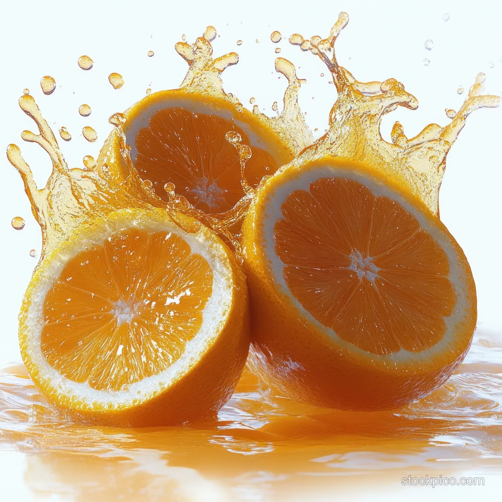 Three orange slices splash into fresh orange juice with droplets frozen midair on a white background.