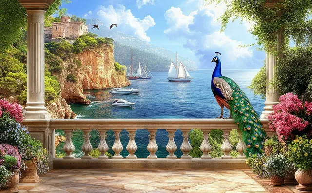Peacock standing on balcony stone patio as sailboats glide across a turquoise bay