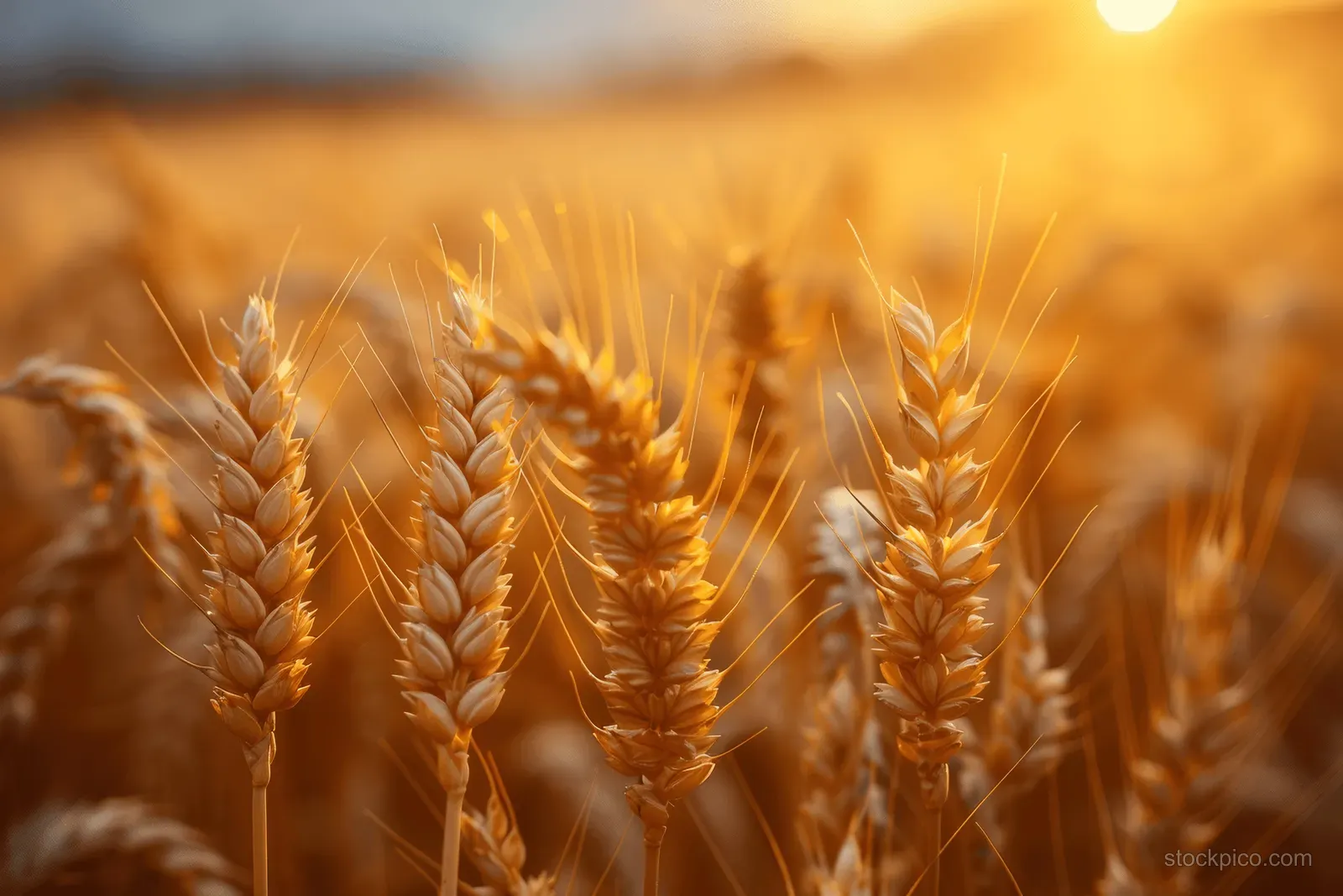 Golden wheat heads sway in warm sunlight across a sunlit summer farm field.