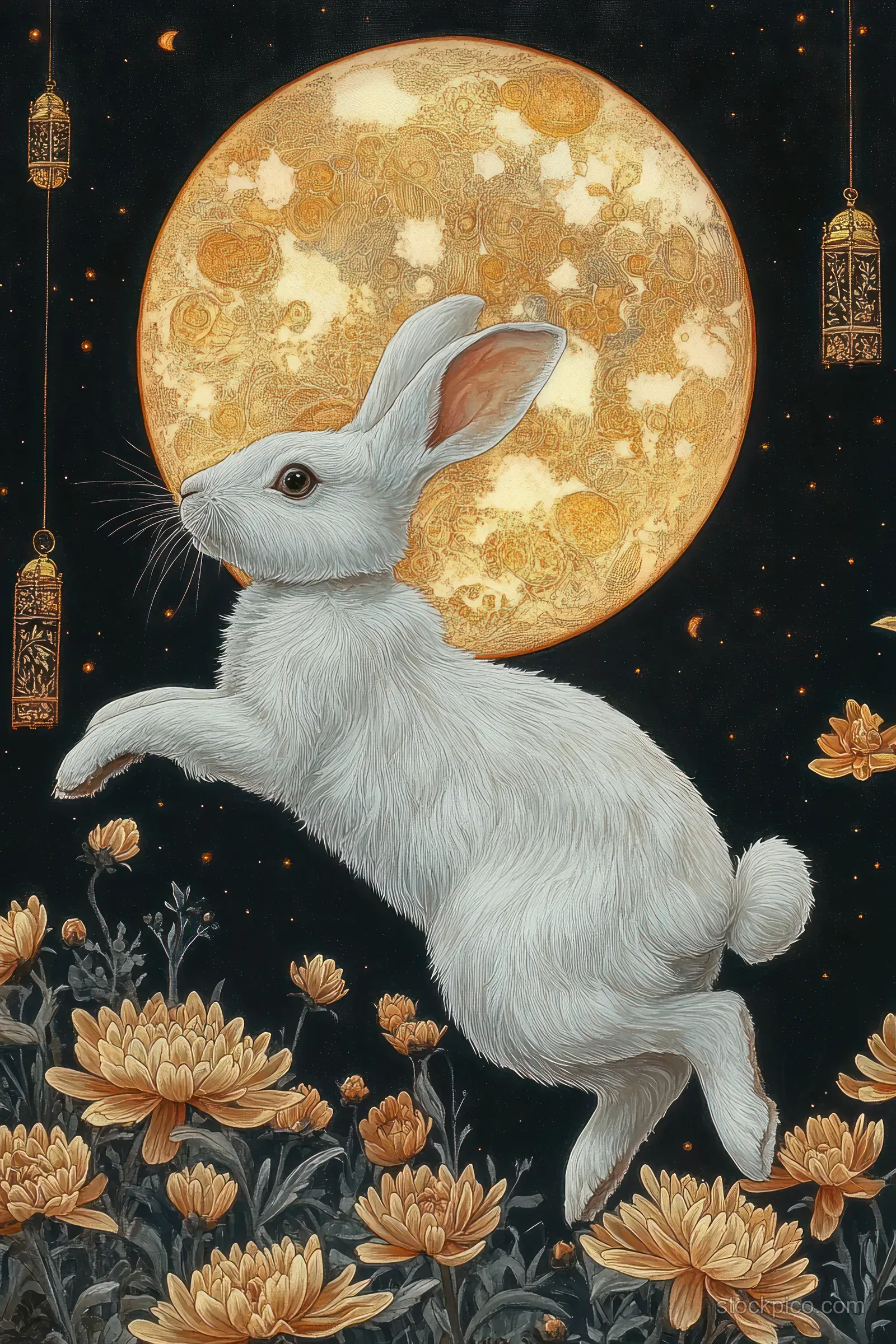 White rabbit leaping among golden flowers beneath a glowing full moon while hanging lanterns glow in the dark sky.