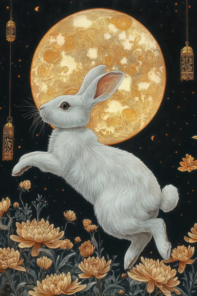 White rabbit leaping among golden flowers beneath a glowing full moon while hanging lanterns glow in the dark sky.