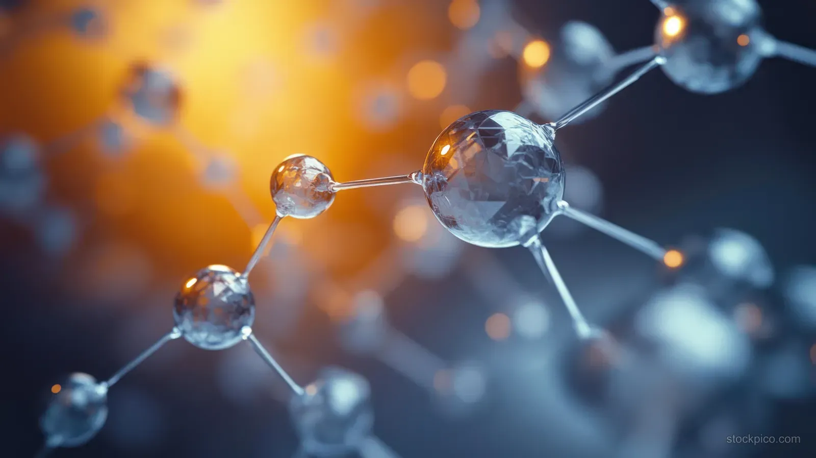 A glowing 3D molecular structure of connected spheres floats against a dark, warm backlit background.