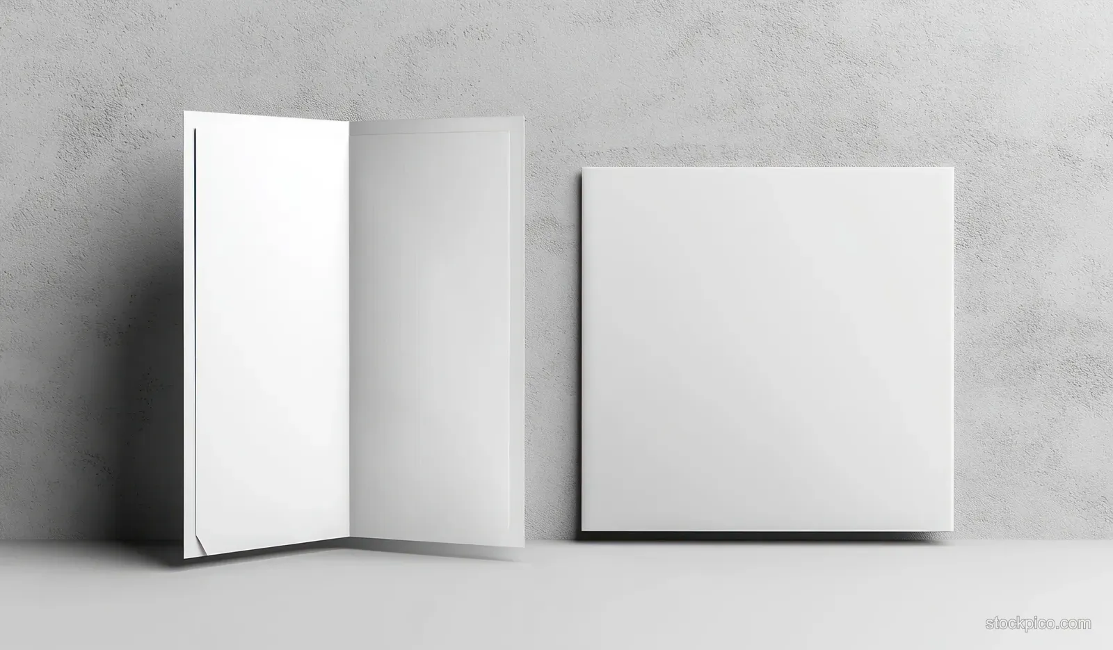 An open white document folder with empty pages and a closed cover on a soft gray background.